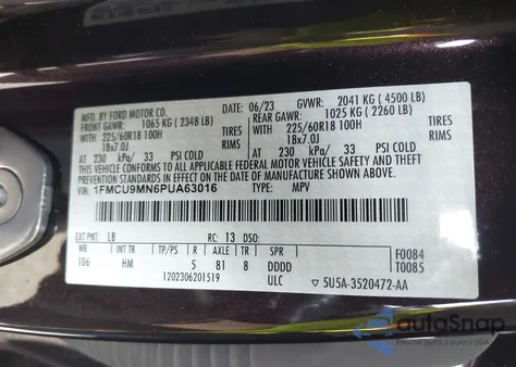 2023 Ford Escape St-Line z USA, uszkodzony, nr VIN 1FMCU9MN6PUA63016